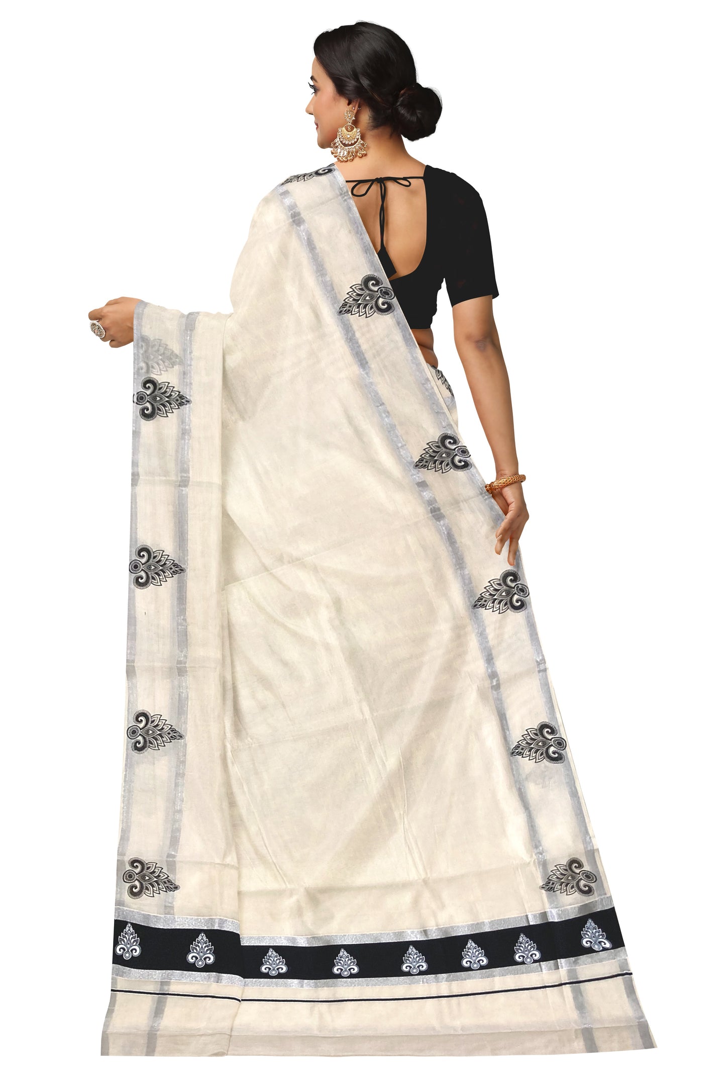 Pure Cotton Kerala Silver Kasavu Saree with White Block Prints in Black Pallu