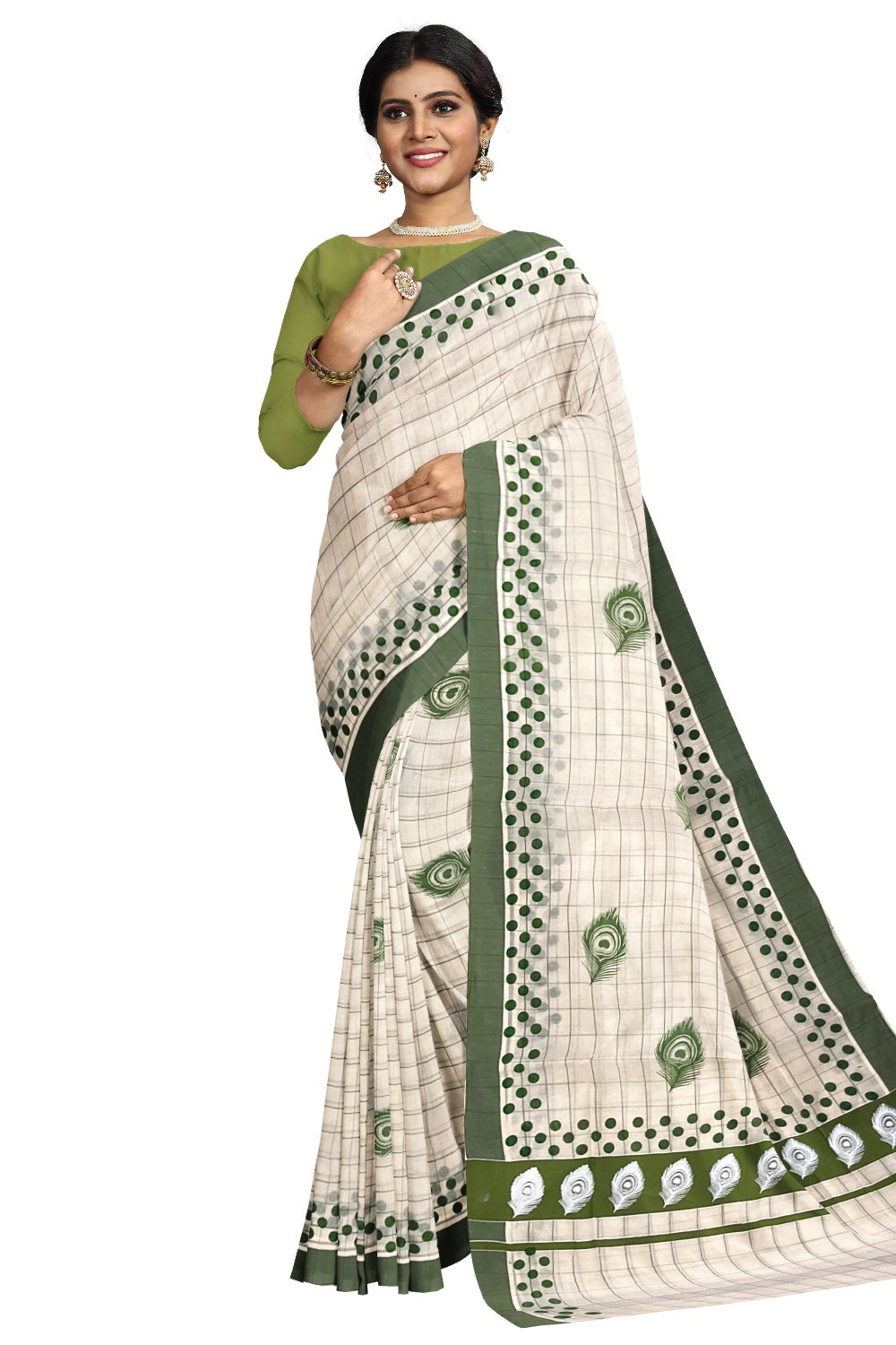 Pure Cotton Check Design Kerala Saree with Light Green Polka Dots and Feather Block Prints