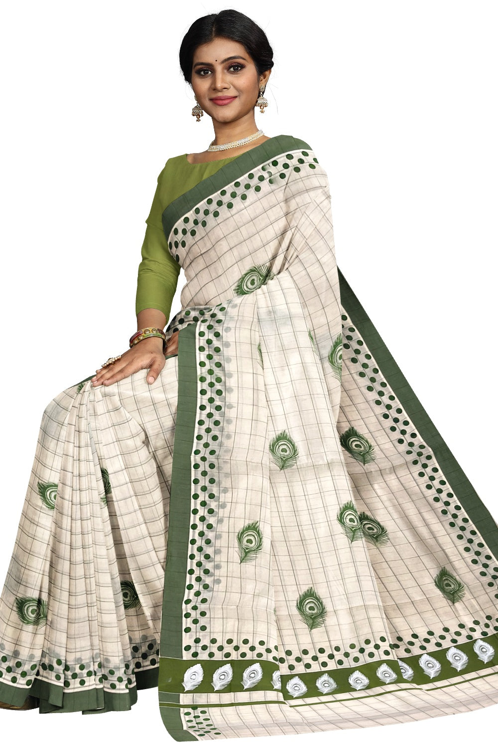Pure Cotton Check Design Kerala Saree with Light Green Polka Dots and Feather Block Prints