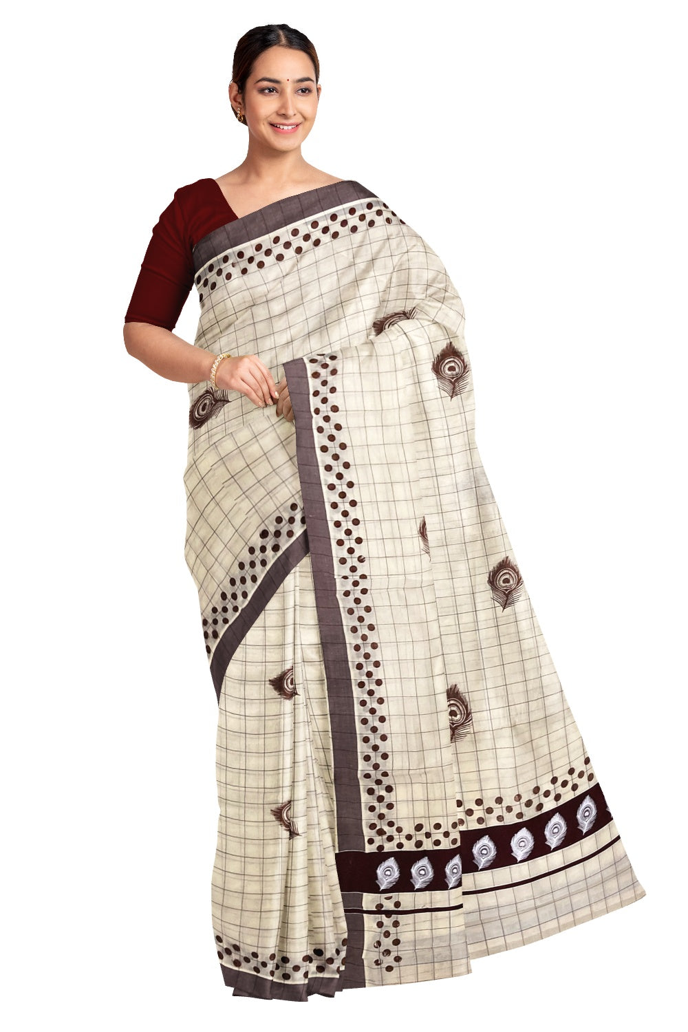 Pure Cotton Check Design Kerala Saree with Dark Brown Polka Dots and Feather Block Prints