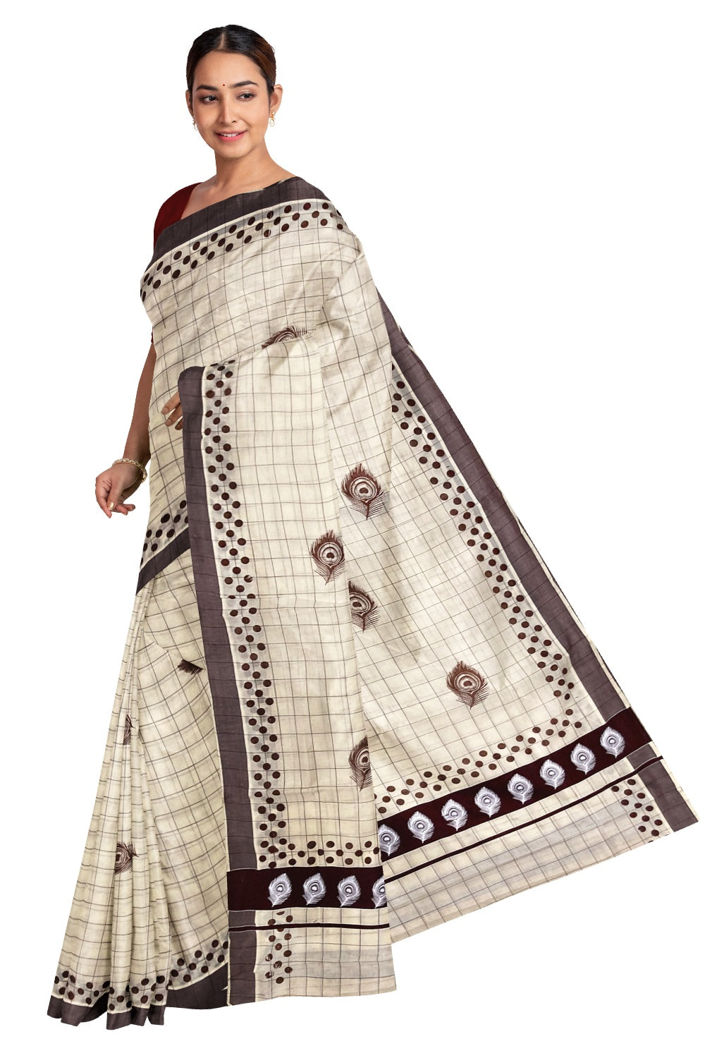 Pure Cotton Check Design Kerala Saree with Dark Brown Polka Dots and Feather Block Prints