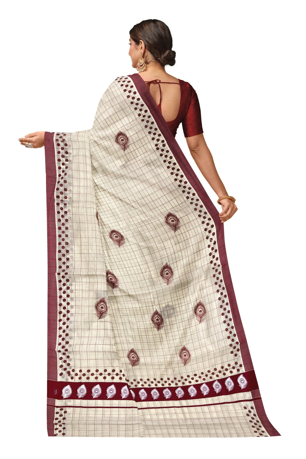 Pure Cotton Check Design Kerala Saree with Maroon Polka Dots and Feather Block Prints