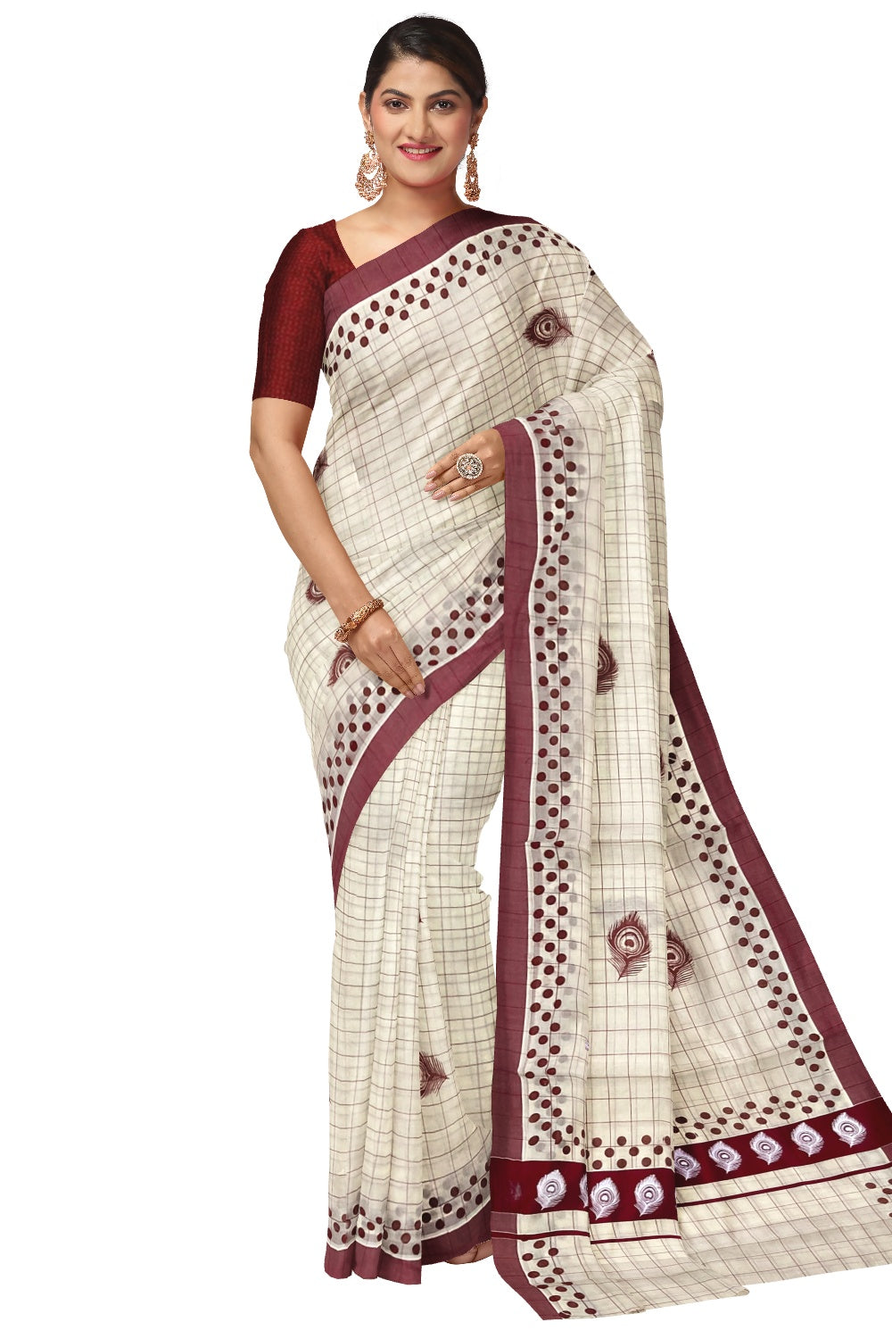 Pure Cotton Check Design Kerala Saree with Maroon Polka Dots and Feather Block Prints