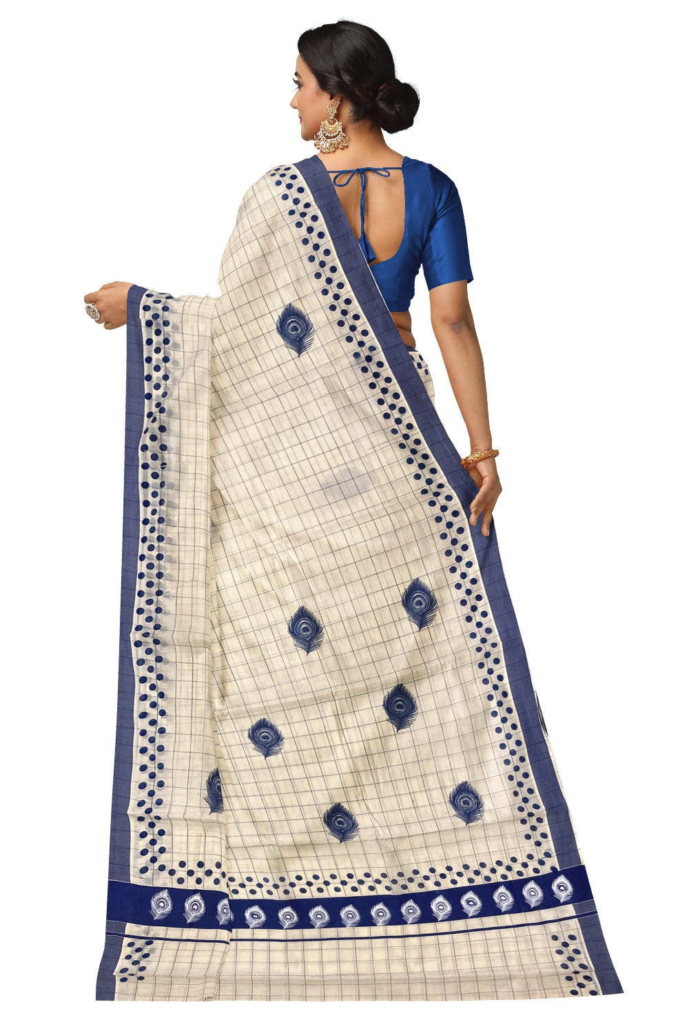 Pure Cotton Check Design Kerala Saree with Blue Polka Dots and Feather Block Prints