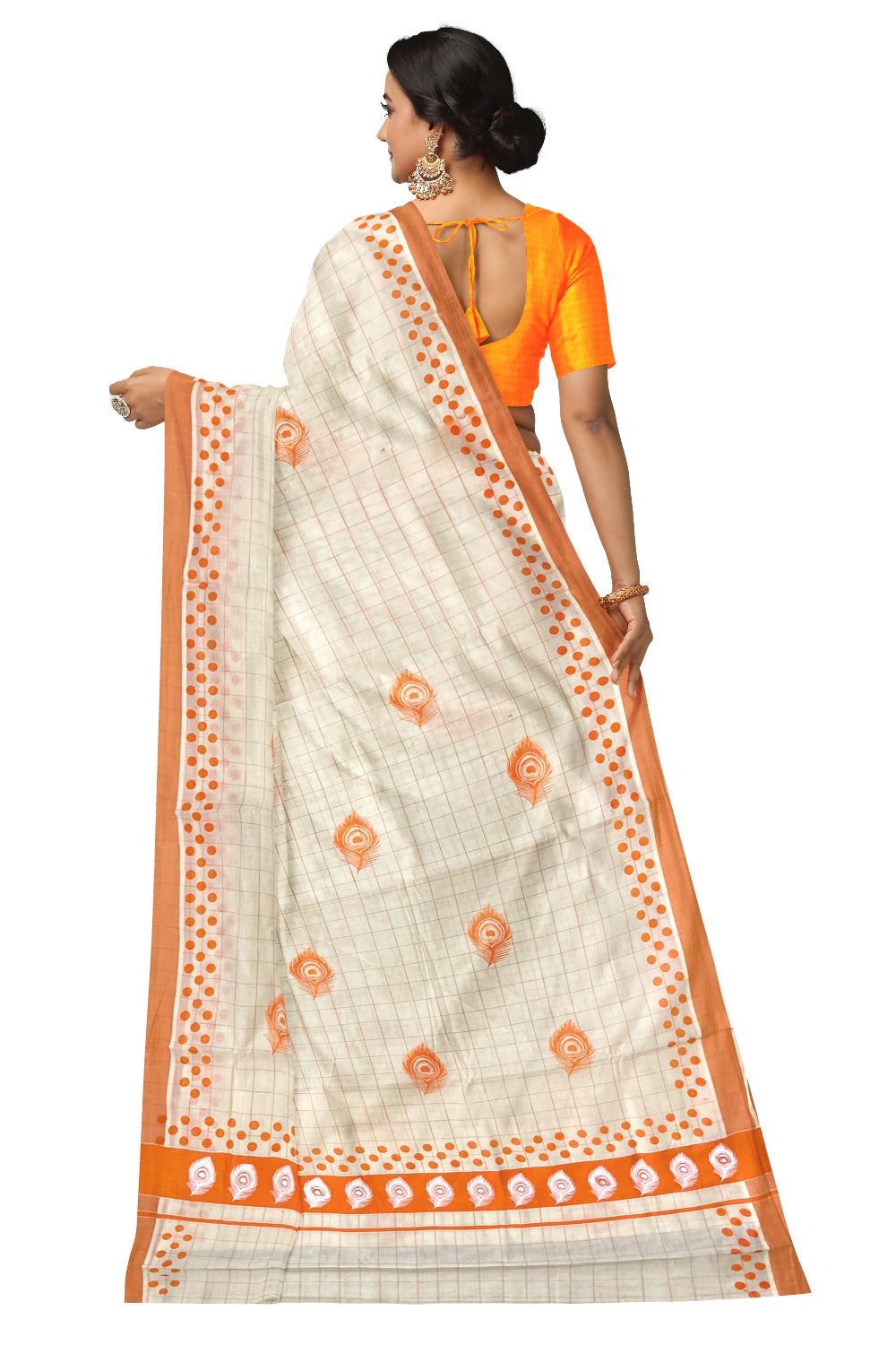 Pure Cotton Check Design Kerala Saree with Orange Polka Dots and Feather Block Prints
