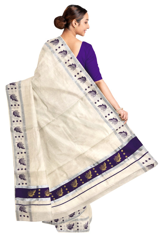 Pure Cotton Kerala Saree with Golden Leaf Block Prints on Silver Kasavu and Dark Violet Pallu