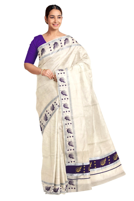 Pure Cotton Kerala Saree with Golden Leaf Block Prints on Silver Kasavu and Dark Violet Pallu