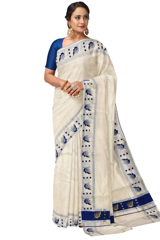 Pure Cotton Kerala Saree with Golden Leaf Block Prints on Silver Kasavu and Blue Pallu