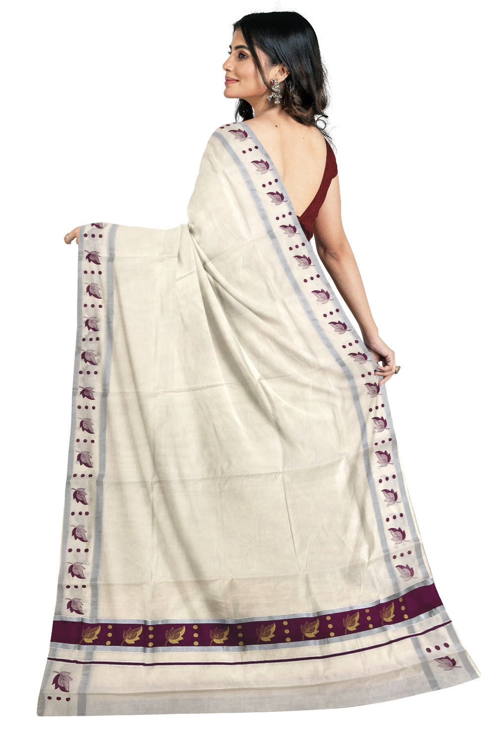 Pure Cotton Kerala Saree with Golden Leaf Block Prints on Silver Kasavu and Purple Pallu