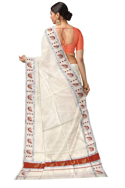 Pure Cotton Kerala Saree with Golden Leaf Block Prints on Silver Kasavu and Orange Pallu