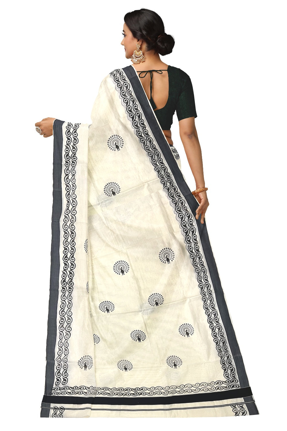 Pure Cotton Kerala Saree with Black Peacock Block Printed Design