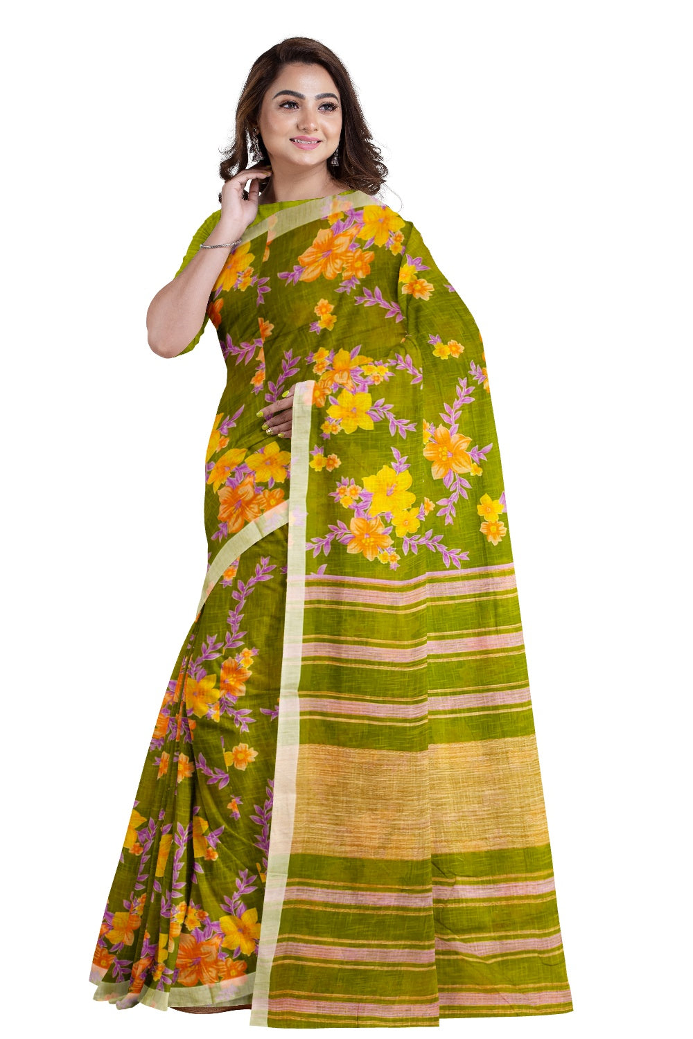 Southloom Linen Green Yellow Floral Designer Saree