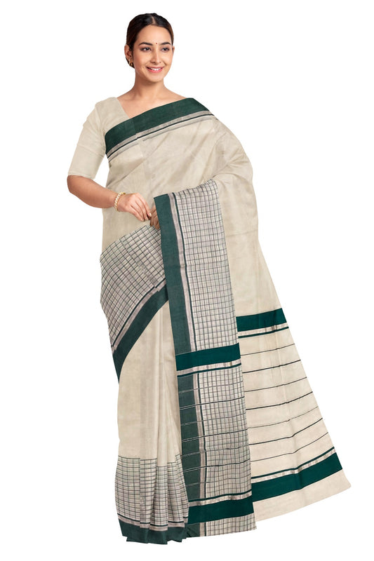 Southloom Premium Handloom Silver Kasavu Saree with and Green Check Design and Lines on Pallu