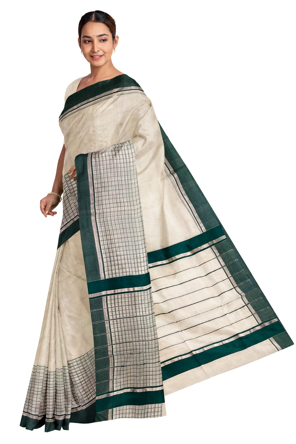 Southloom Premium Handloom Silver Kasavu Saree with and Green Check Design and Lines on Pallu