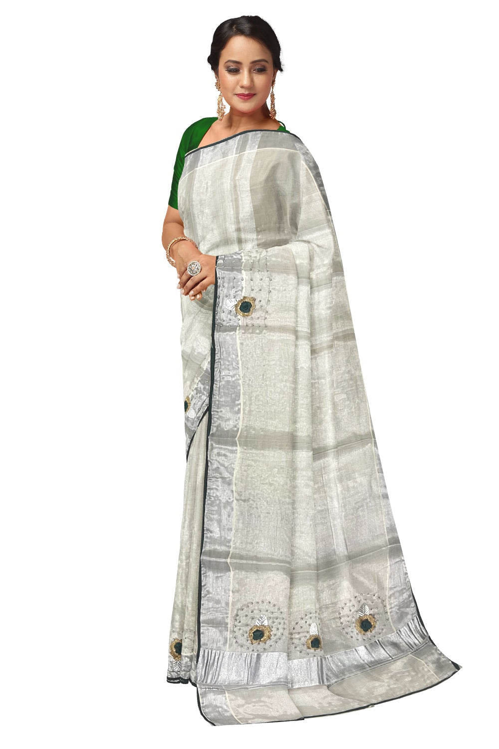 Kerala Silver Tissue Kasavu Saree with Embroidery Bead and Mirrorwork Design and Dark Green Piping Works on Border