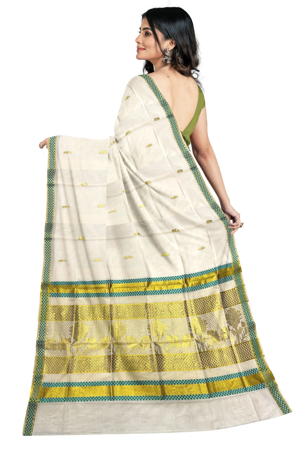 Pure Cotton Kerala Saree with Kasavu Woven Floral Patterns on Body and Turquoise Golden Border