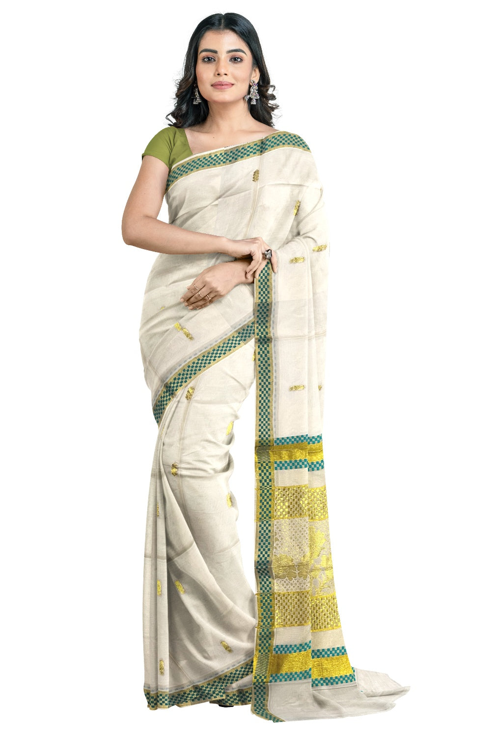 Pure Cotton Kerala Saree with Kasavu Woven Floral Patterns on Body and Turquoise Golden Border