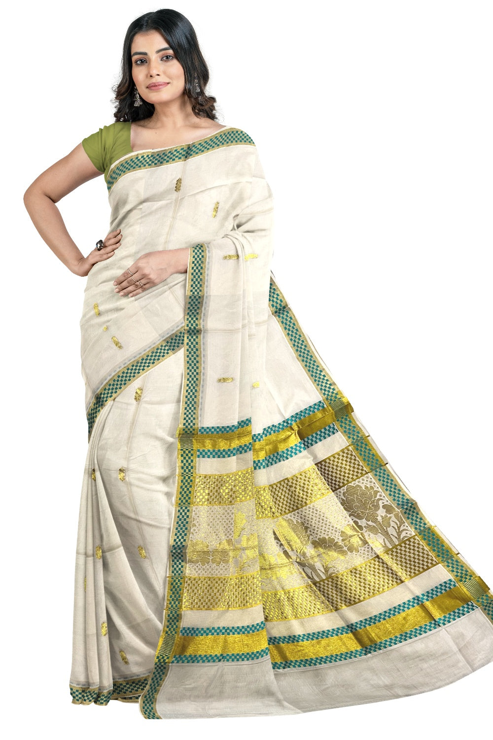 Pure Cotton Kerala Saree with Kasavu Woven Floral Patterns on Body and Turquoise Golden Border