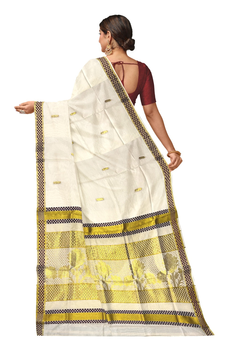 Pure Cotton Kerala Saree with Kasavu Woven Floral Patterns on Body and Purple Golden Border