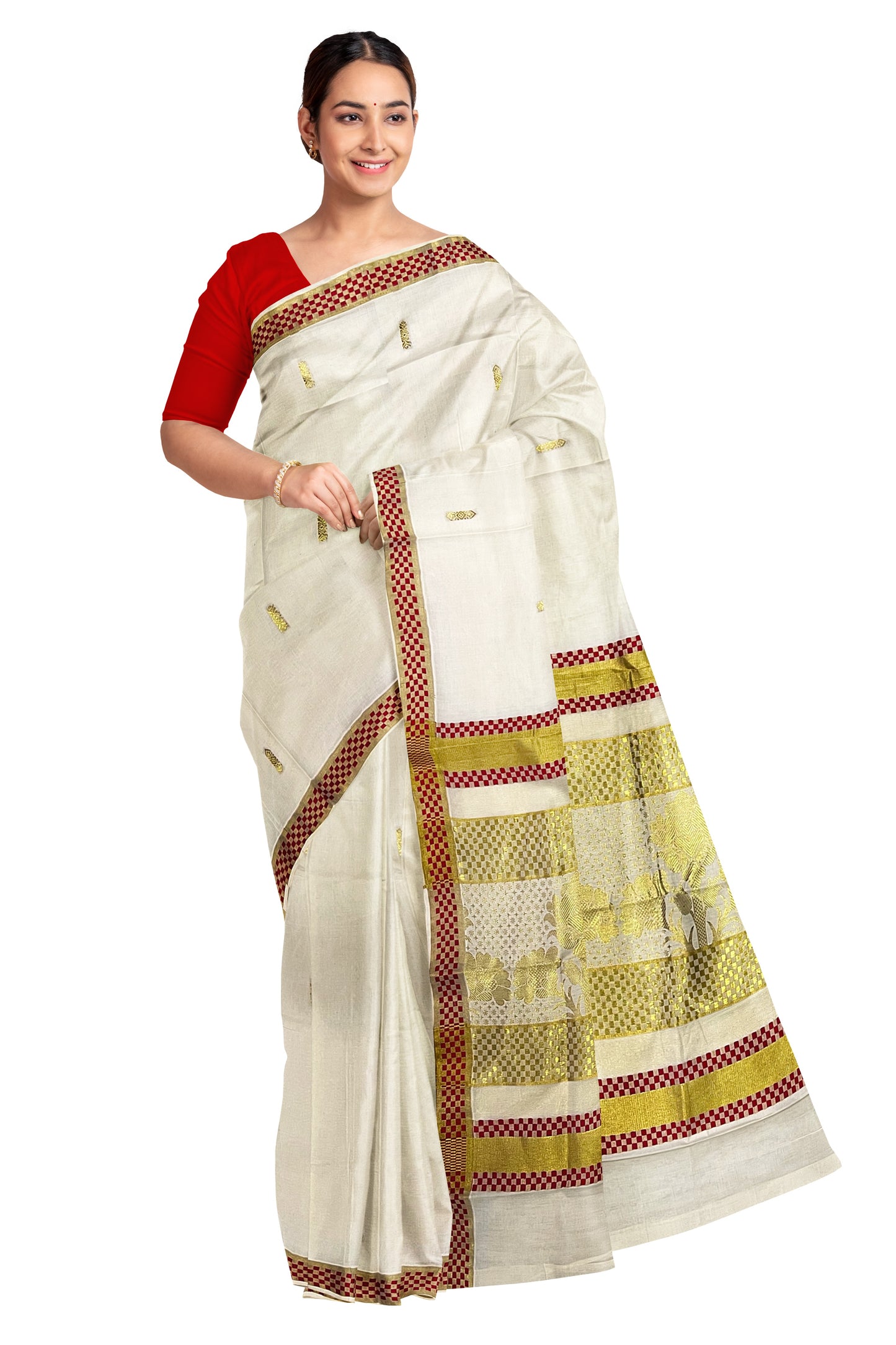 Pure Cotton Kerala Saree with Kasavu Woven Floral Patterns on Body and Red Golden Border