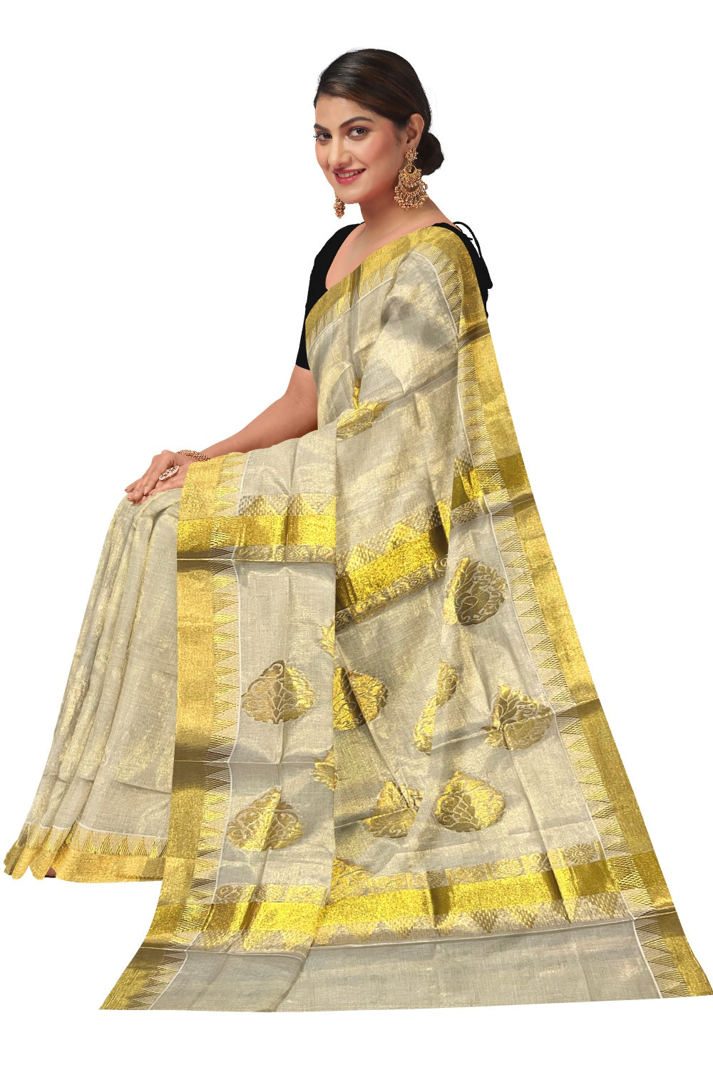 Kerala Tissue Heavy Work Saree with Floral Kasavu Patterns