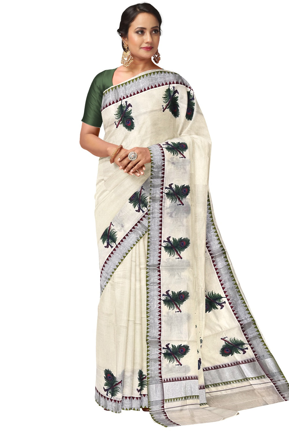 Kerala Pure Cotton Saree with Mural Printed Feather Flute Design and Maroon Light Green Temple Border