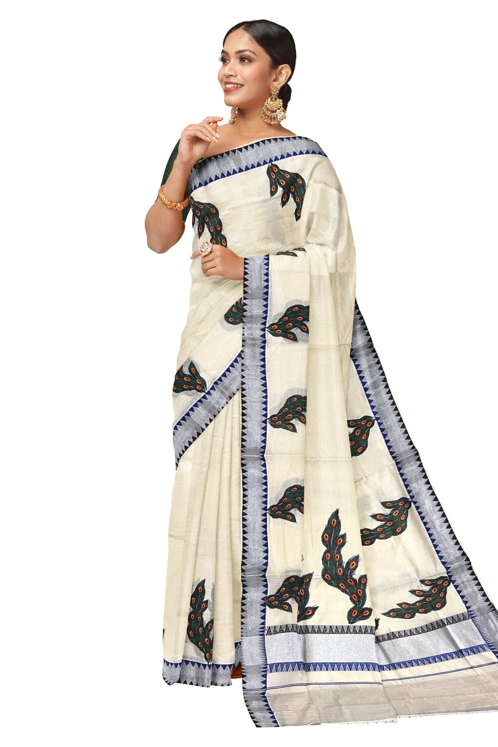 Kerala Pure Cotton Saree with Mural Printed Feather Design and Blue Brown Temple Border