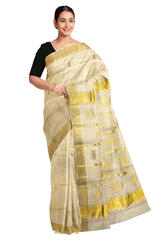 Southloom™ Original Handloom Kasavu Tissue Handwoven Floral Heavy Work Saree