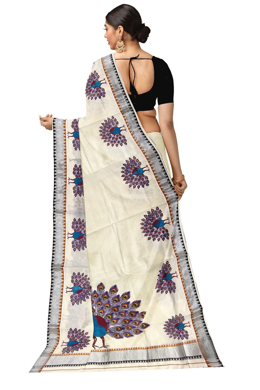Kerala Pure Cotton Saree with Mural Printed Feather Design and Orange Brown Temple Border