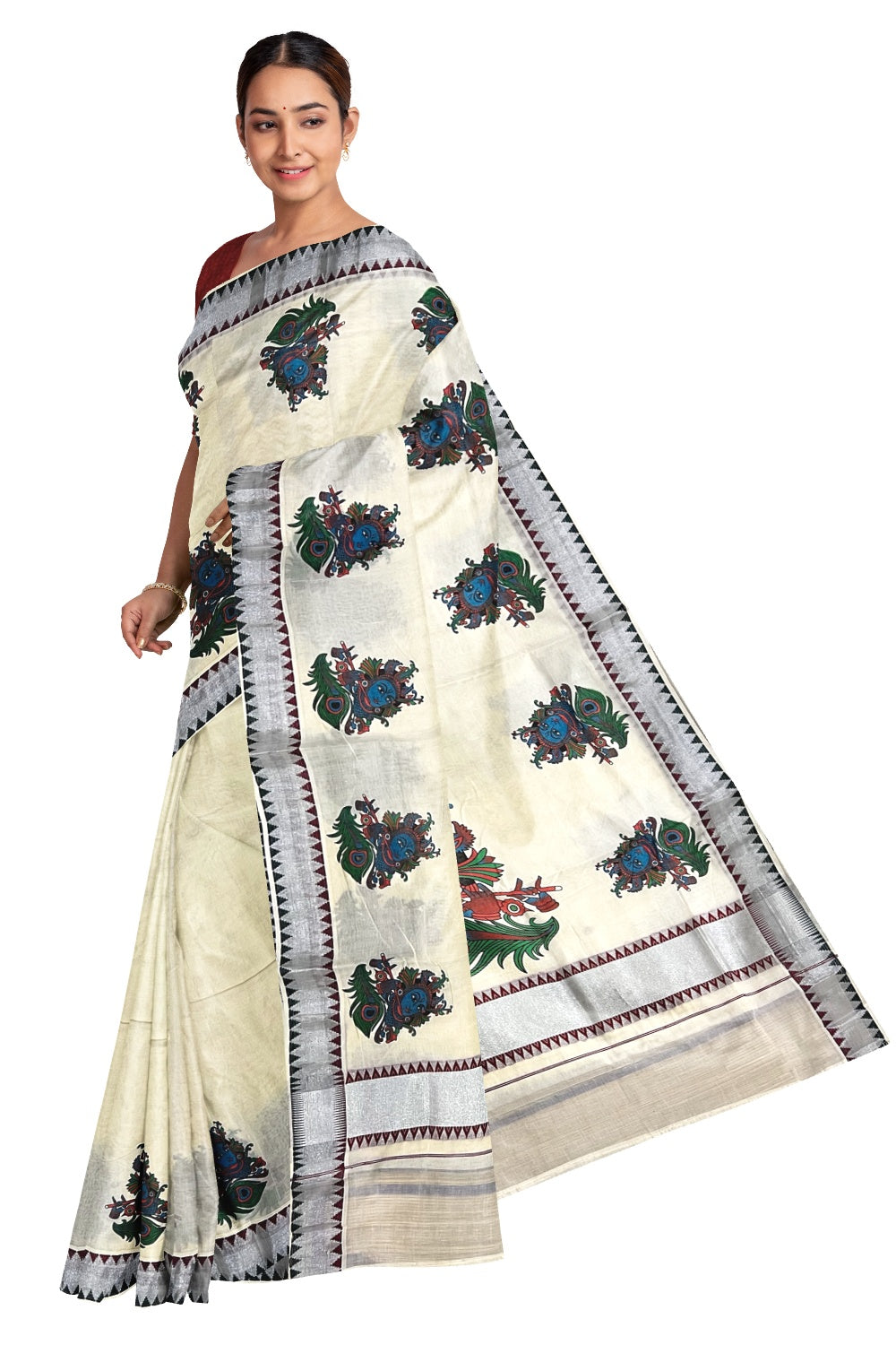 Kerala Pure Cotton Saree with Mural Printed Krishna Feather Design and Maroon Temple Border