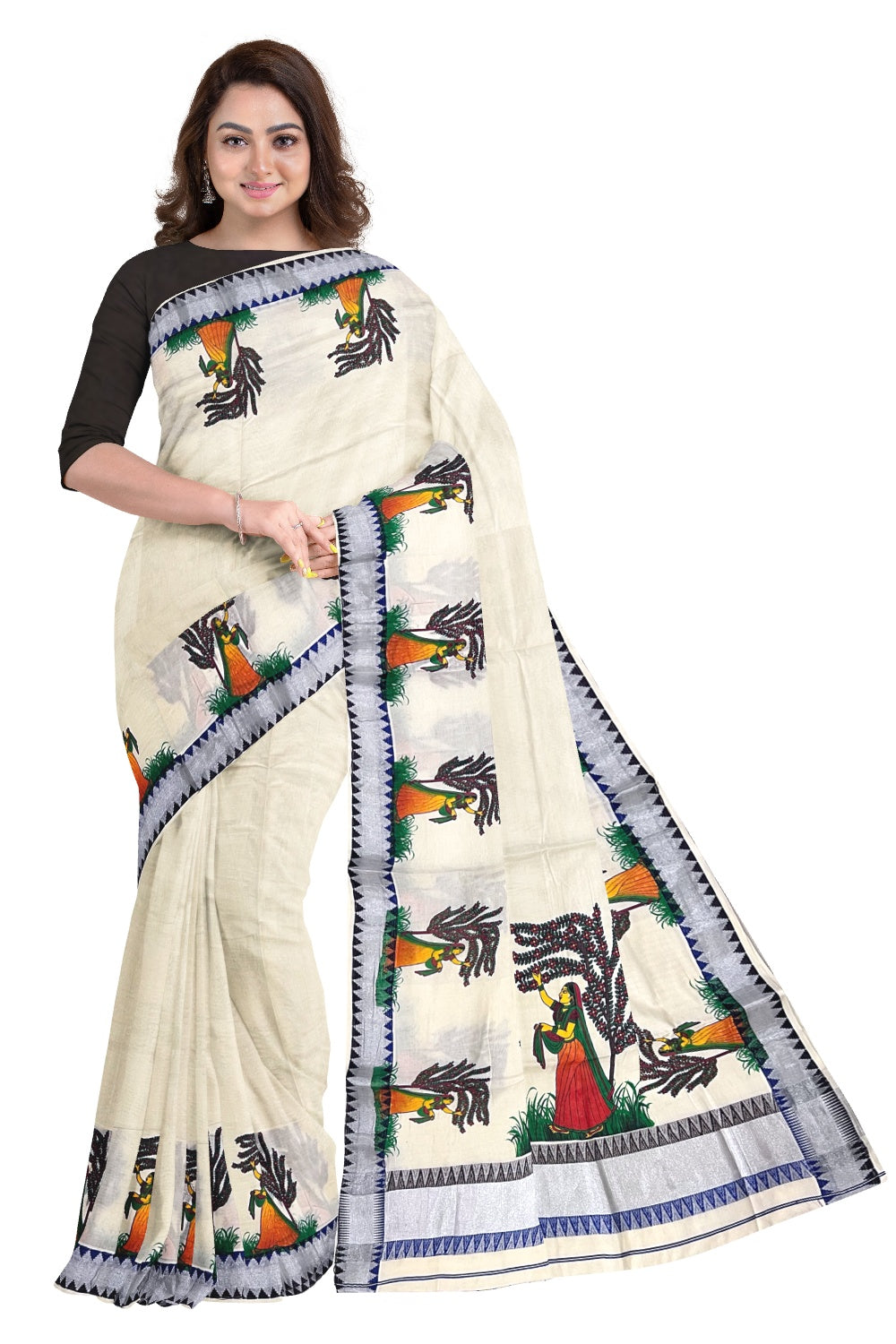 Kerala Pure Cotton Saree with Mural Printed Gardenerette Design and Blue Brown Temple Border