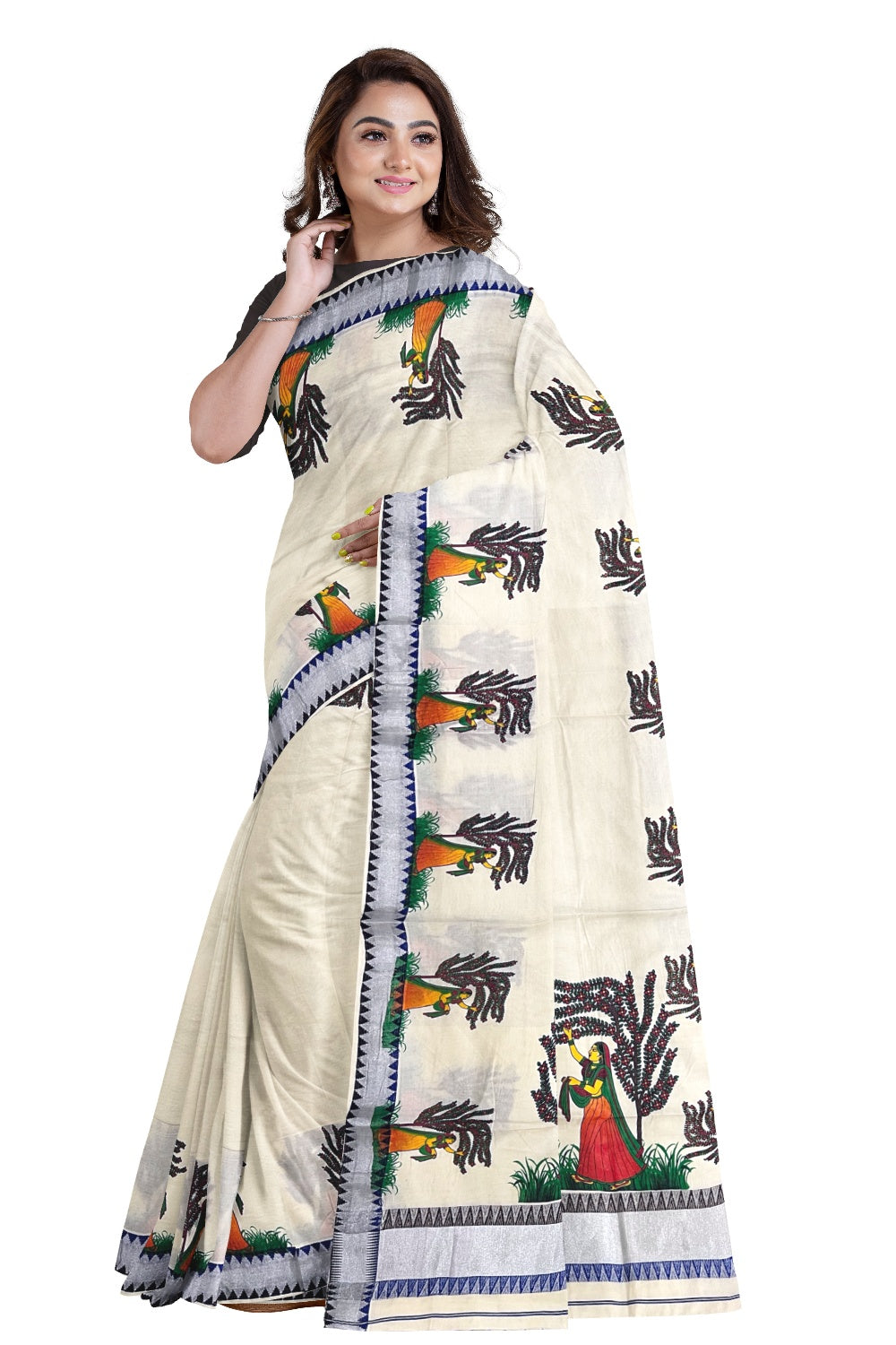 Kerala Pure Cotton Saree with Mural Printed Gardenerette Design and Blue Brown Temple Border