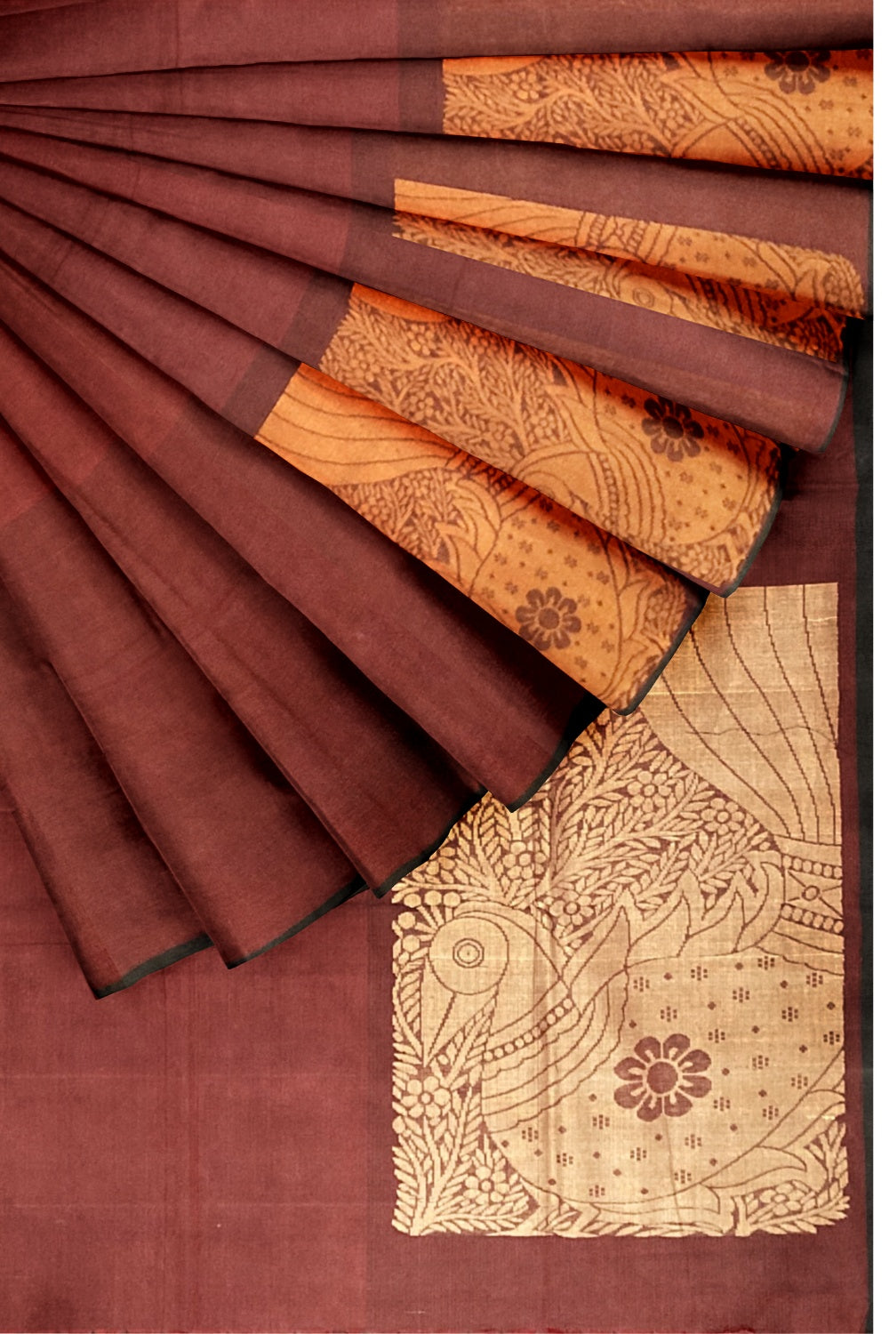 Southloom™ Premium Handloom South Cotton Dark Red Saree With Peacock Design