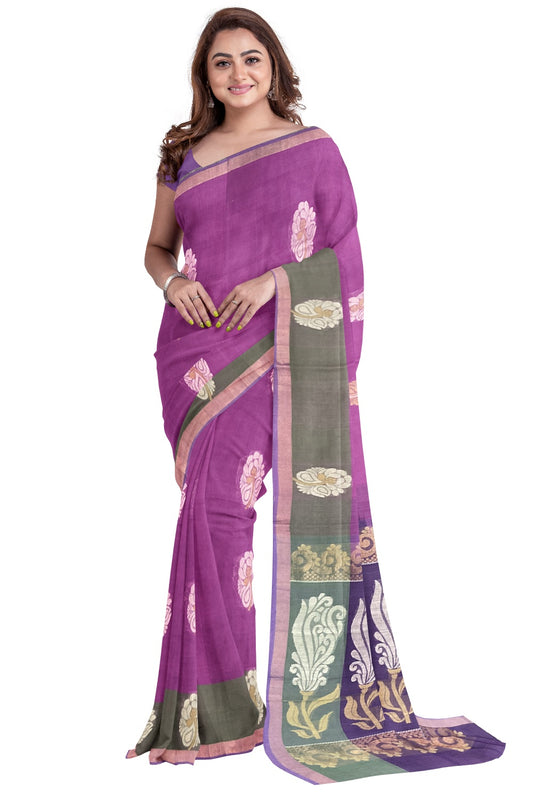 Southloom™ Premium Handloom South Cotton Magenta Saree With Floral Design