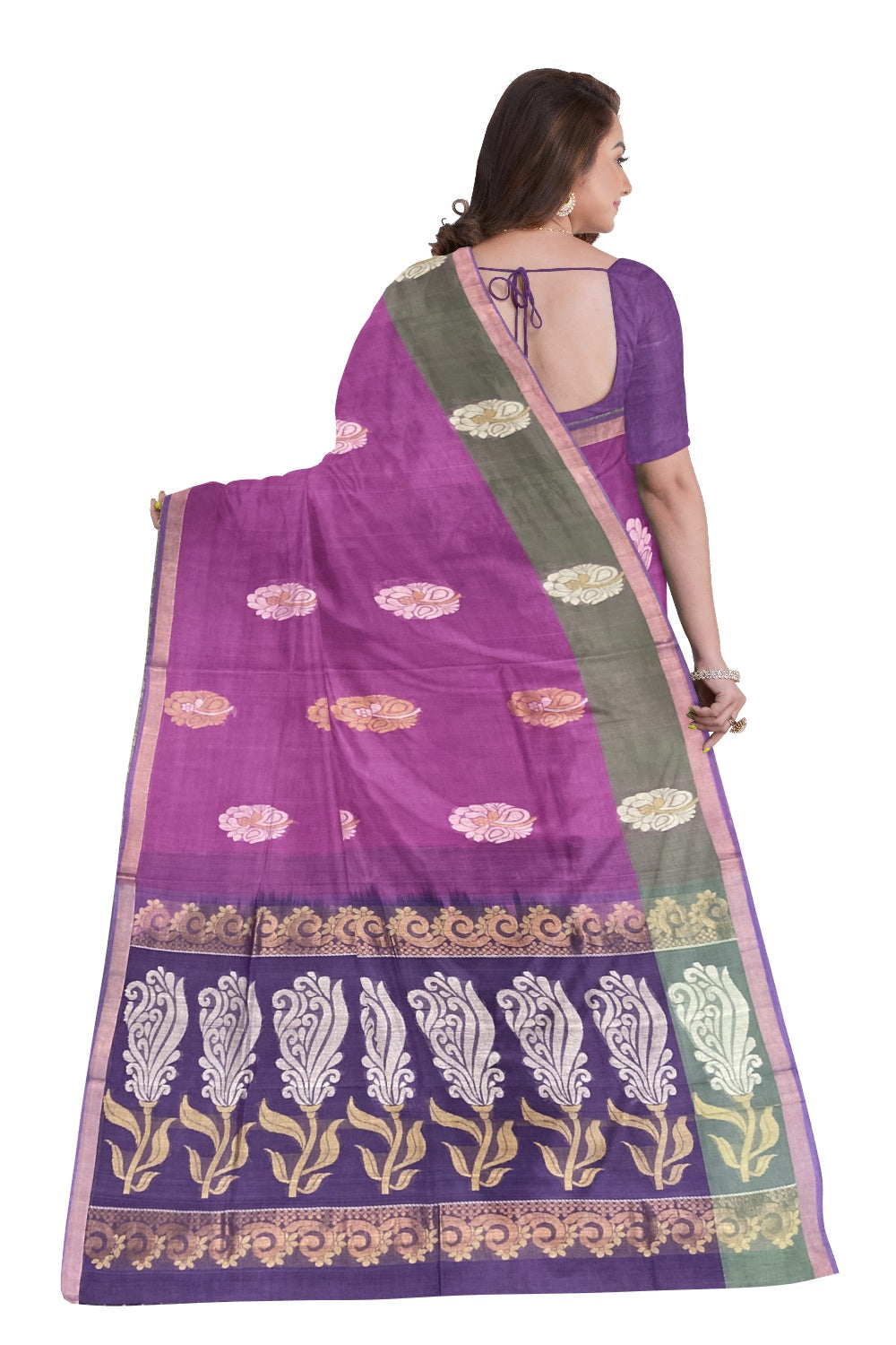 Southloom™ Premium Handloom South Cotton Magenta Saree With Floral Design