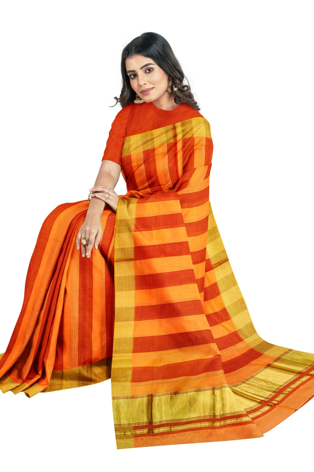 Southloom™ Original Balaramapuram Handloom Red and Orange Kasavu Saree