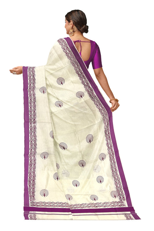 Pure Cotton Kerala Saree with Magenta Peacock Block Printed Design