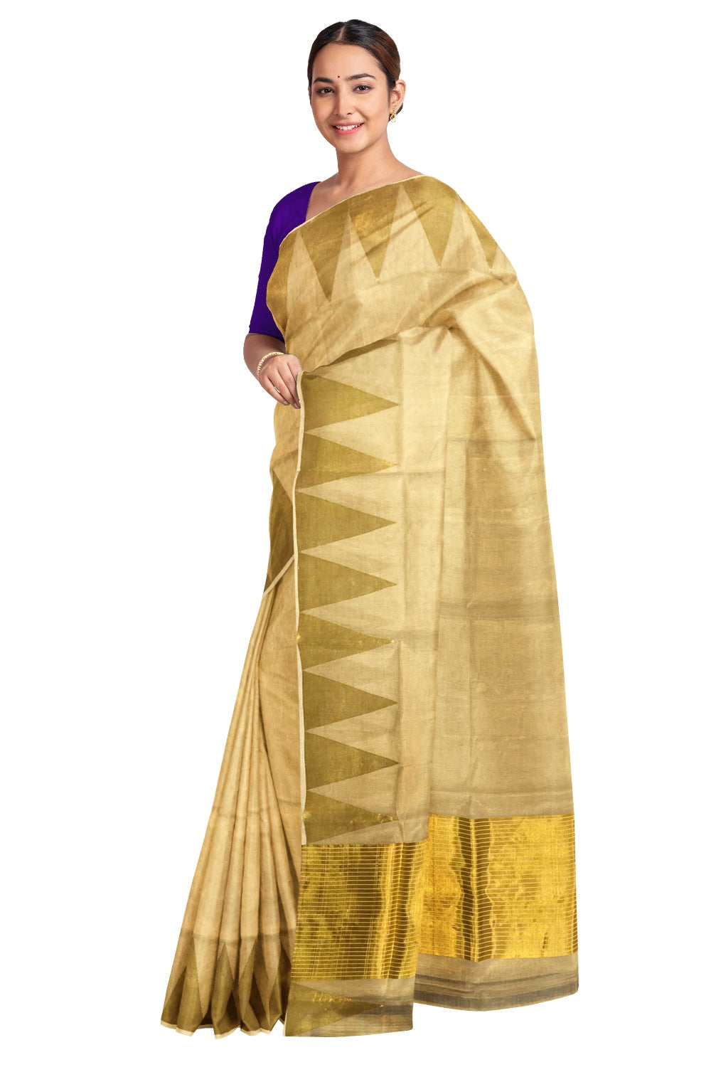 Southloom™ Original Handloom Kasavu Tissue Saree with Unique Temple Design Border