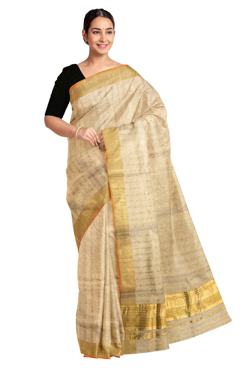 Southloom Balaramapuram Handloom Stripes Work Tissue Saree with 5 inch Lines Pallu