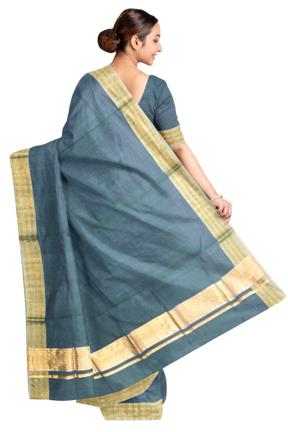 Southloom Balaramapuram Handloom Cotton Greyish Green Saree with Golden and Silver Border