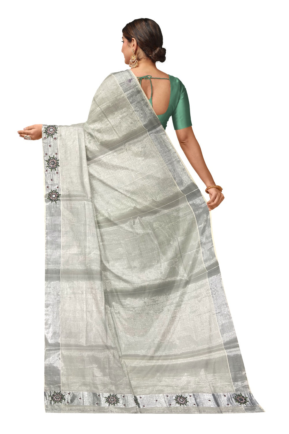 Purchase Kerala Silver Tissue Saree Mayil Peeli Design