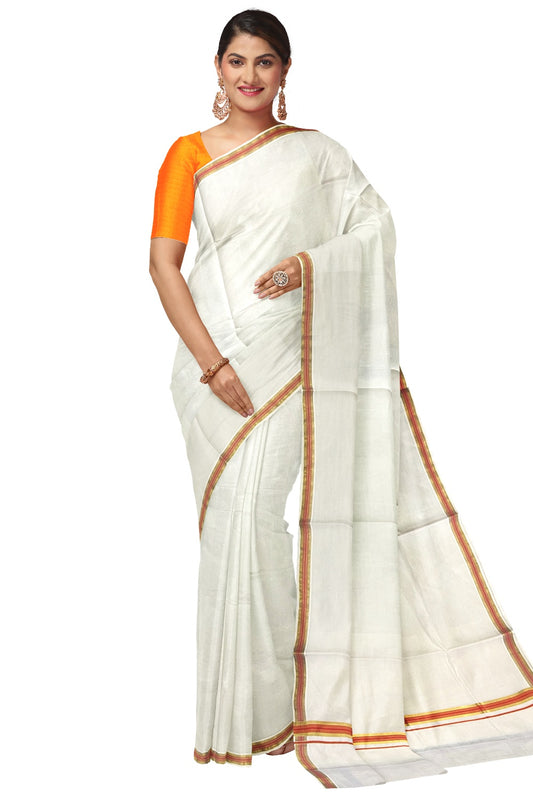 Pure Cotton Kerala Saree with Kasavu and Orange Border