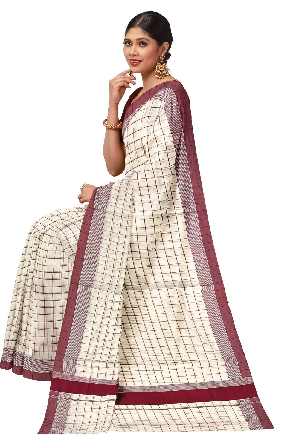 Pure Cotton Kerala Saree with Maroon CheCheck Designckered Works on Body