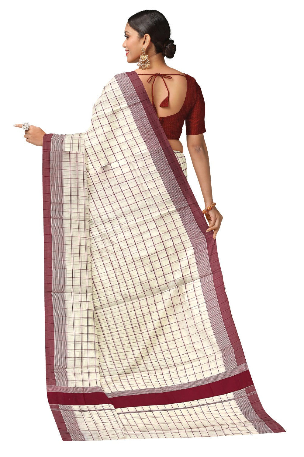 Pure Cotton Kerala Saree with Maroon CheCheck Designckered Works on Body