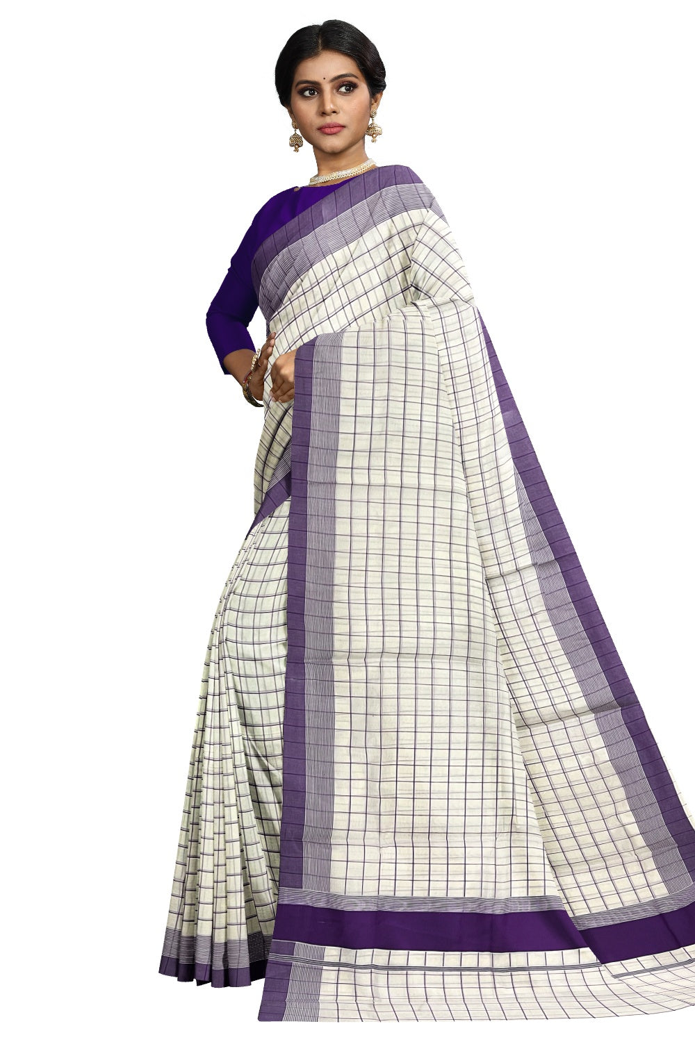 Pure Cotton Kerala Saree with Violet Check Design Works on Body