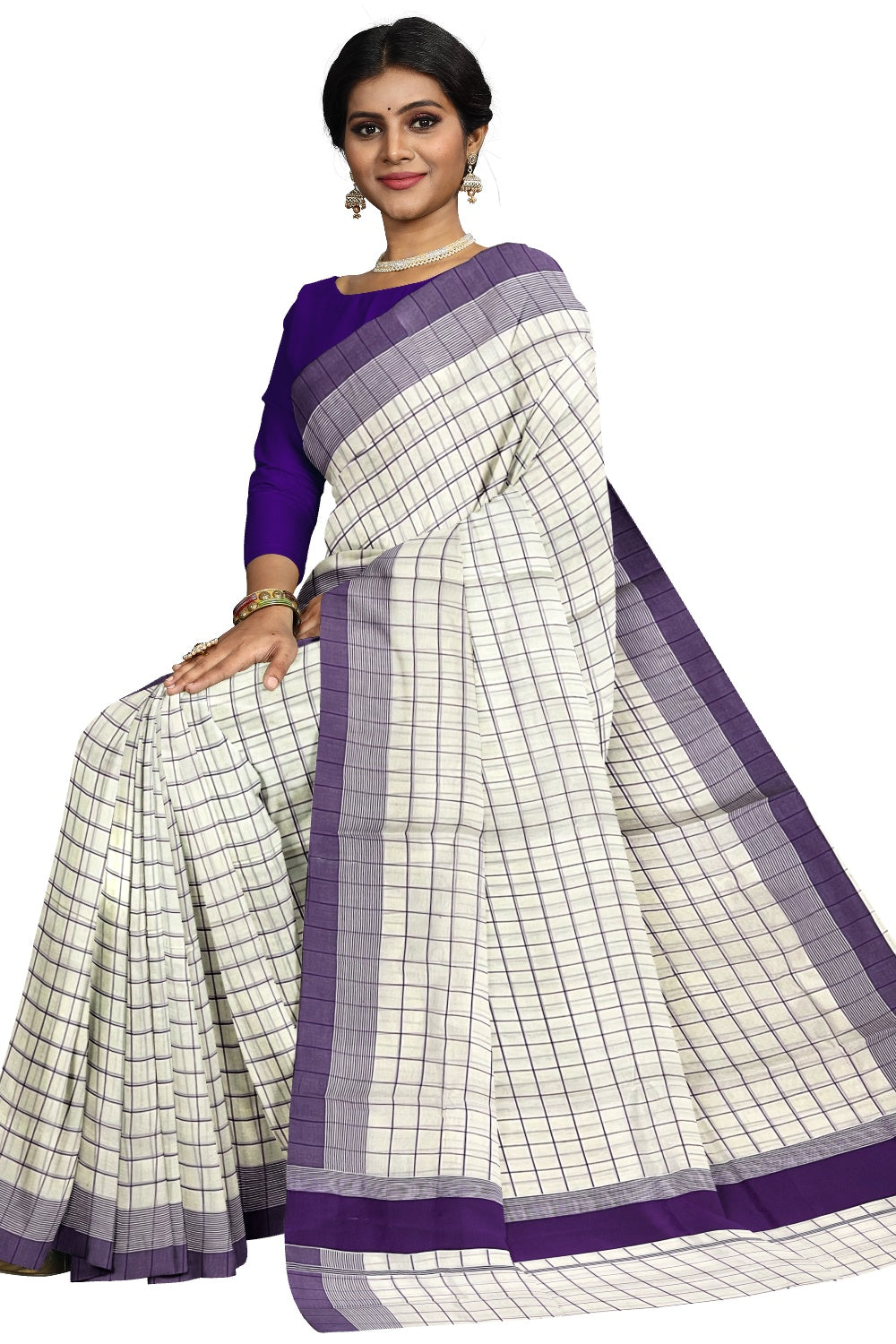 Pure Cotton Kerala Saree with Violet Check Design Works on Body