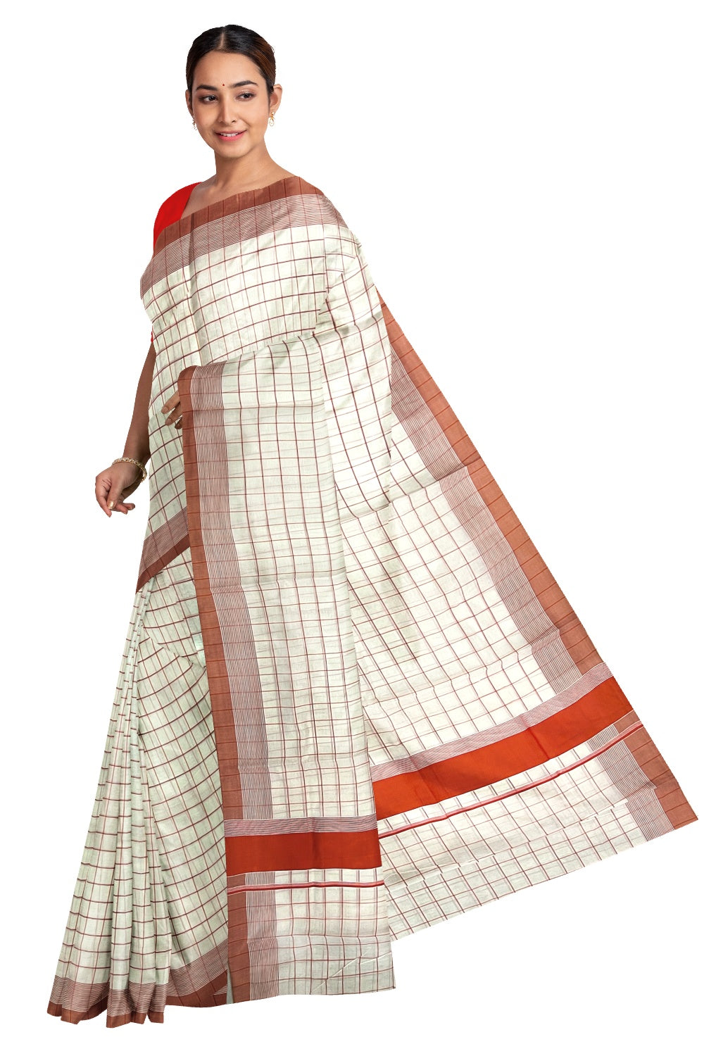 Pure Cotton Kerala Saree with Orange Check Design Works on Body