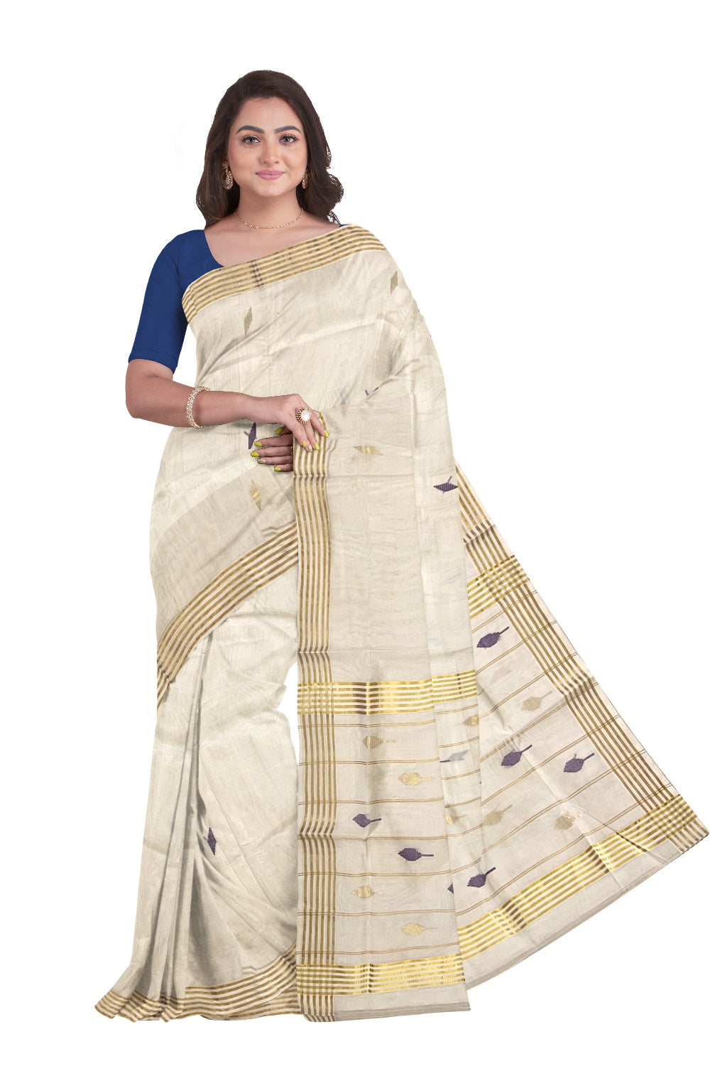Southloom Kuthampully Handloom Onam Saree with Violet Butta Work on Body and Pallu