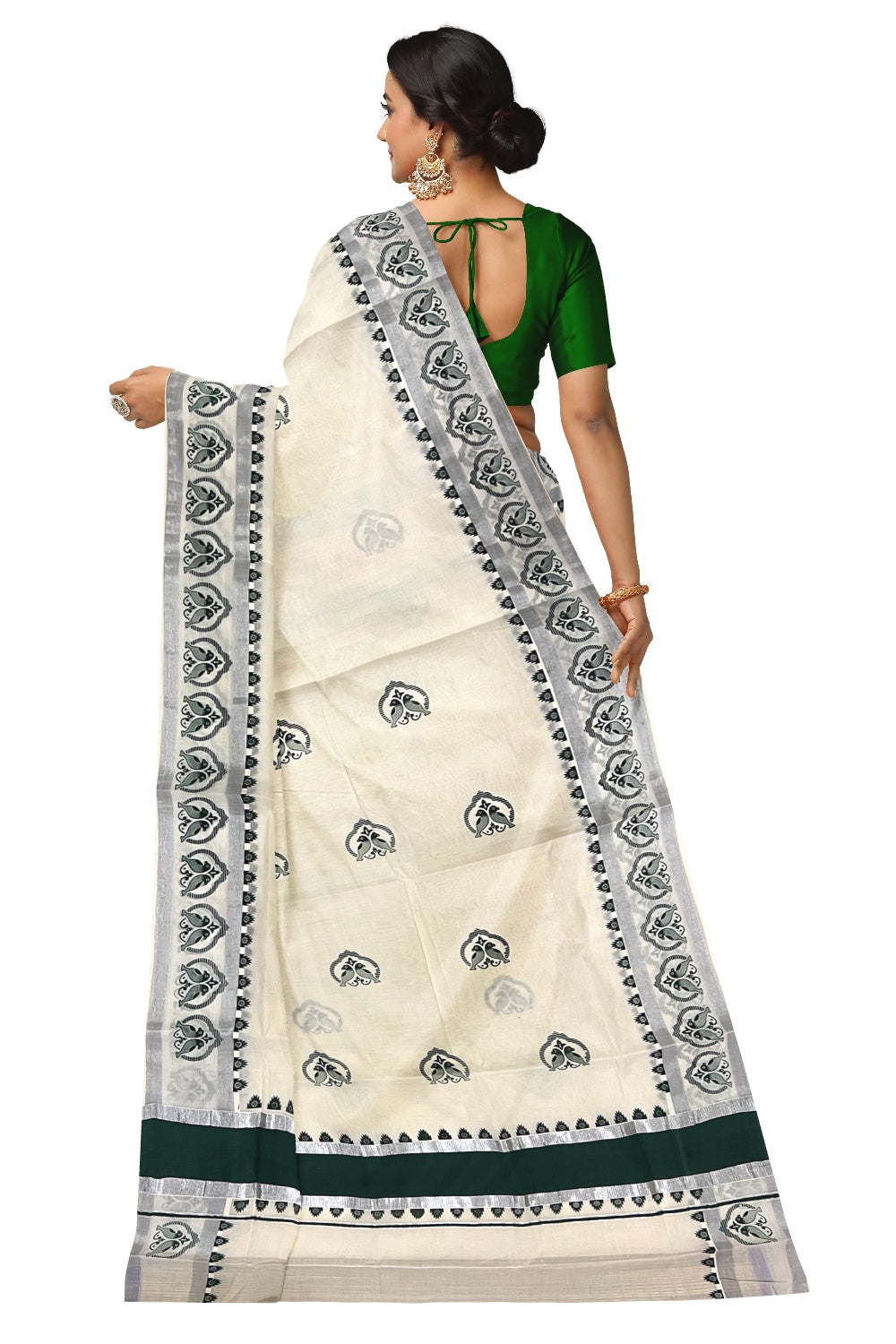 Pure Cotton Kerala Saree with Silver Kasavu and Dark Green Block Prints on Border