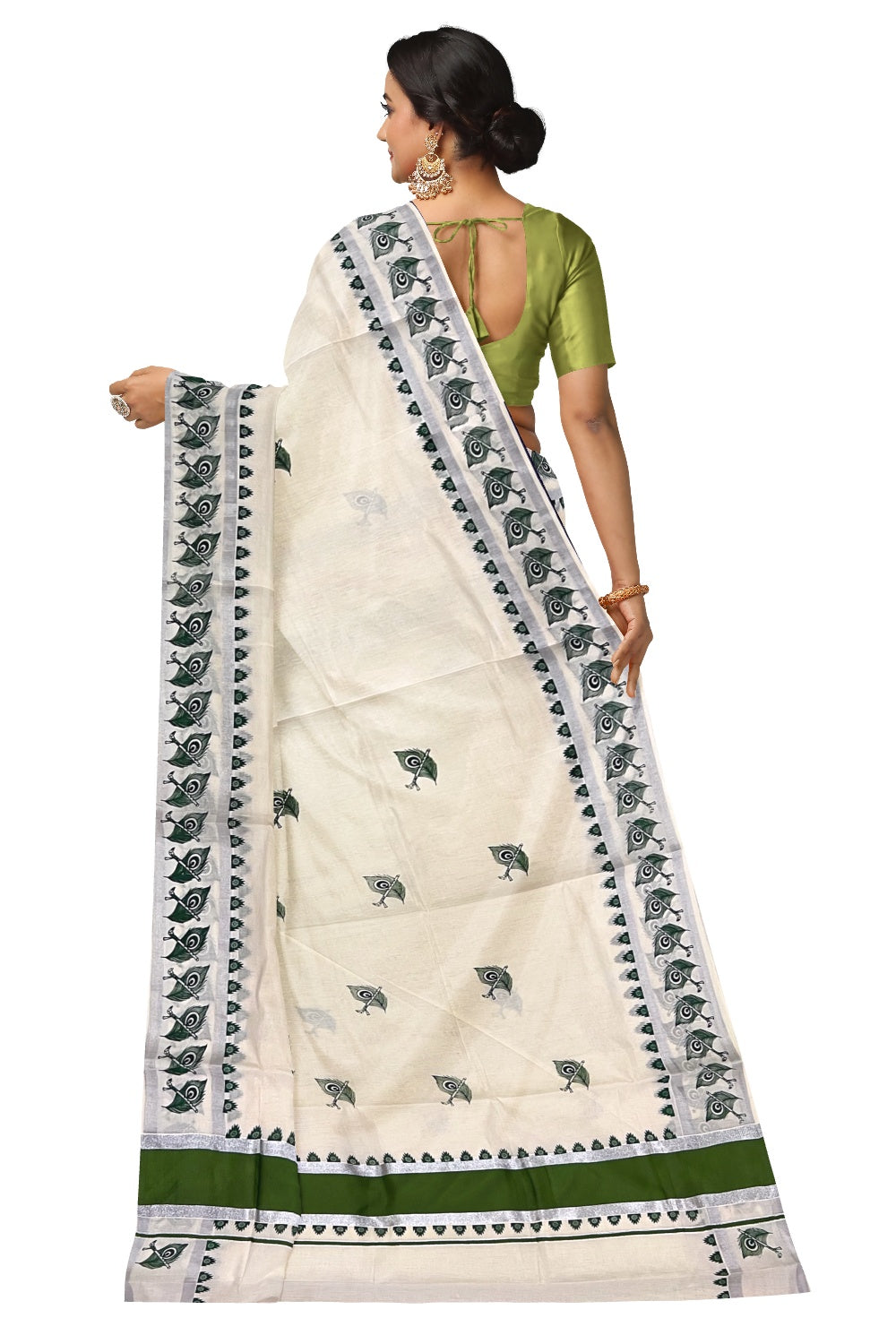 Pure Cotton Kerala Saree with Silver Kasavu and Green Feather Block Prints on Border